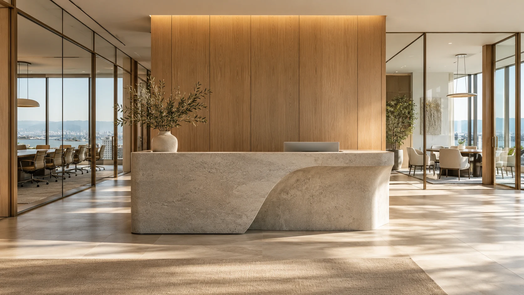 Architectural concept of a refined commercial reception interior
