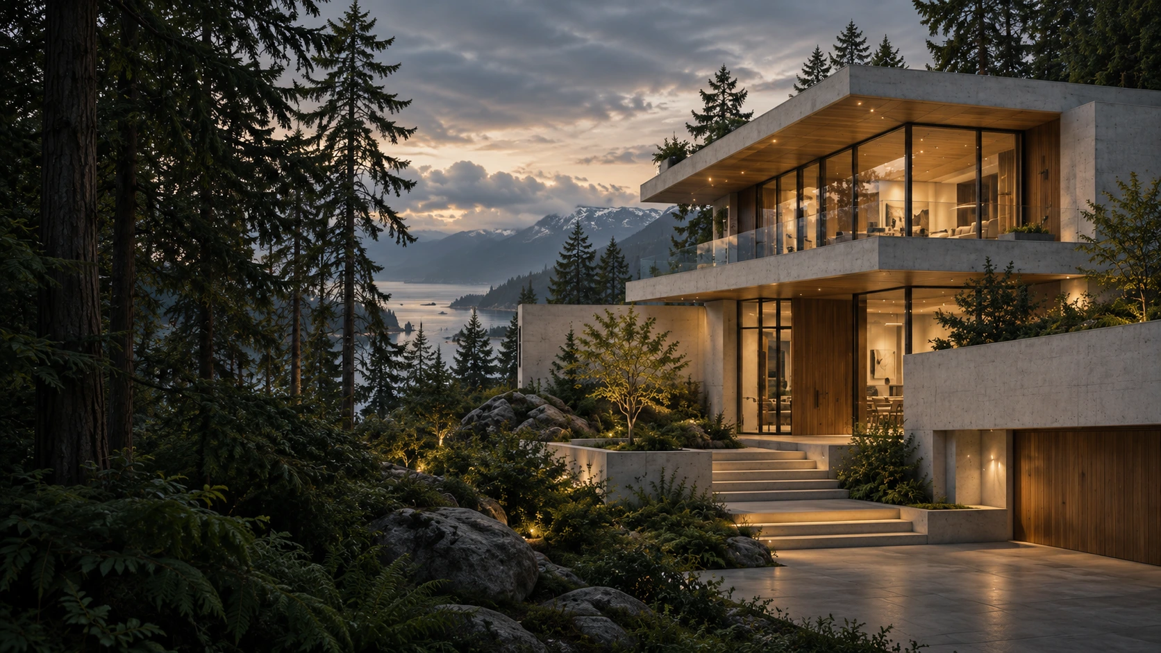 Professional architectural concept rendering of a contemporary West Coast residence