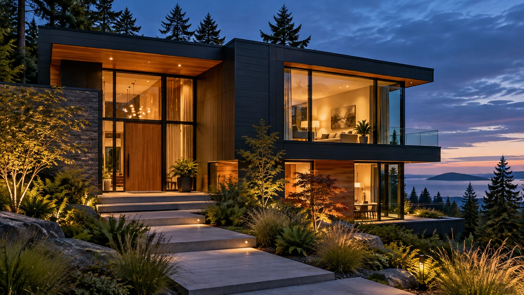 Architectural concept of a contemporary West Coast home at dusk